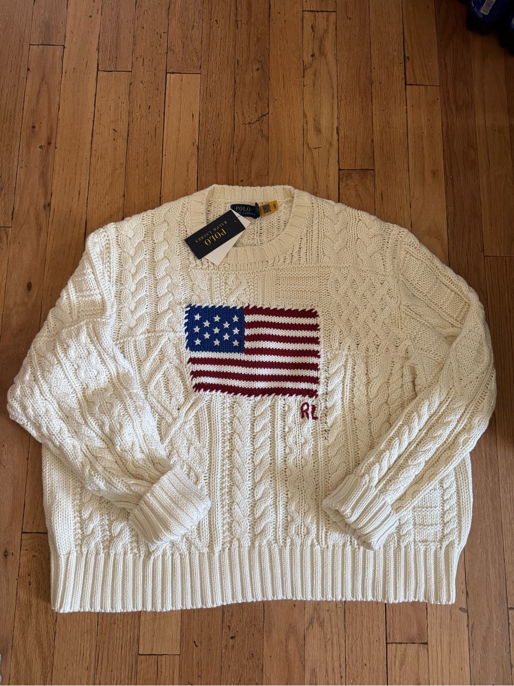 Polo by Ralph Lauren Cream Cable-Knit Sweater with American Flag USA - Picture 2 of 12